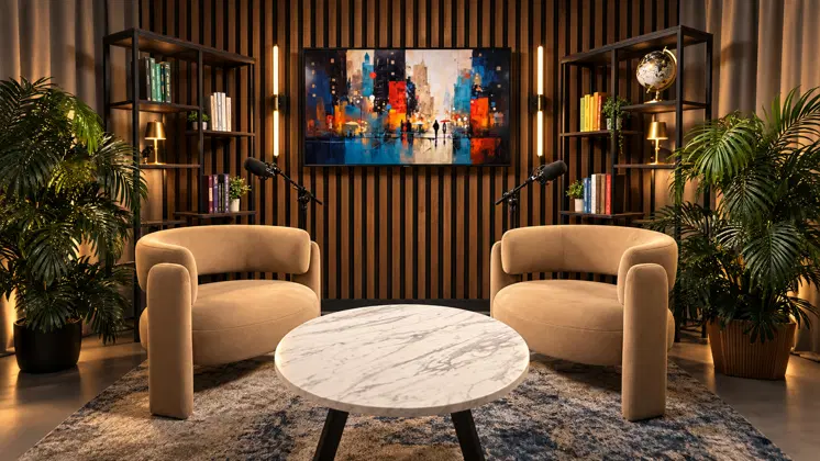 The Conversation Pit at Treehouse Creative Workspace in Colorado Springs: two armchairs with podcast microphones across a marble table, in front of a wood-slat wall
