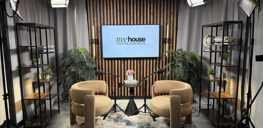 Treehouse podcast studio in Colorado Springs with Blackmagic camera setup for professional audio and video podcast recording
