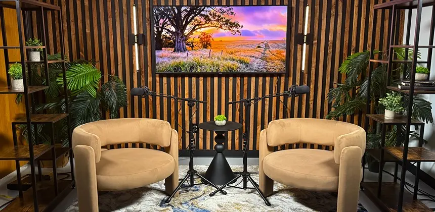Treehouse podcast studio in Colorado Springs with Blackmagic camera setup for professional audio and video podcast recording